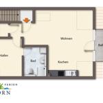 Wohnung mit Schlafzimmer, Bad, Küche und Balkon. Treppenhaus und DFF vorhanden.