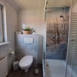 Bad mit Dusche, WC und Fenster. Duschwand zeigt Strandmotiv.