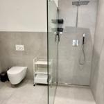 Moderne Dusche mit Glaswand und Toilette in minimalistischem Badezimmer.