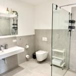 Moderne Badewohnung mit Dusche, Toilette und Waschbecken.