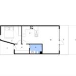 Stueplan zeigt Schlafzimmer, Küche und Bad mit markierten Räumen.