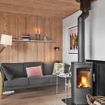 Ein Wohnzimmer mit Sofa, Kamin und Holzwand. Auf einem Regal stehen Bücher und Kerzen.