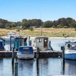 Hafen mit mehreren Booten und Menschen am Ufer.