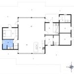 Geschossplan mit Küche, Schlafzimmer und Bad.