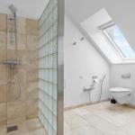 Bad mit Dusche und WC unter Dachschräge mit Dachfenster.
