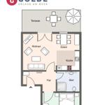 Wohnung mit Terrasse, Küche, Bad und Schlafzimmer.
