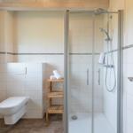 Badezimmer mit Dusche, Toilette und Holzregal.