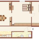 Dieses Ferienhaus hat zwei Schlafzimmer, eine Küche, ein Bad und eine Terrasse.