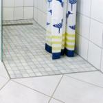 Duschbereich mit Glaswand und bedruckter Duschvorhang