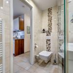 Badezimmer mit Toilette, Dusche und Heizkörper. Küche im Hintergrund sichtbar.