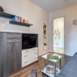 Wohnzimmer mit Sofa, TV-Schrank und Tisch. Tür führt in das Bad.