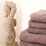 Eine Seepferdchenfigur neben gestapelten Handtüchern.