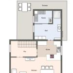 Wohnung mit Küche, Wohnbereich, Bad, Sauna und Terrasse.