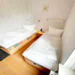 Zwei Einzelbetten mit weißen Bettwäschen und einem Nachttisch dazwischen.