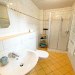 Badezimmer mit Dusche, Waschbecken und Toilette. Fliesenboden und Spiegel.