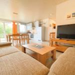 Wohnzimmer mit Sofa, Couchtisch und TV. Küche und Essbereich im Hintergrund.