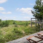Holzterrasse mit Liegestühlen und Blick auf grüne Landschaft mit Nadelbäumen.