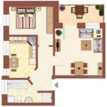 Dieses Apartment hat eine Küche, ein Bad, ein Schlafzimmer und ein Wohnzimmer mit Essbereich.