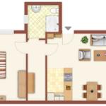 Ein Raum mit Schlafzimmer, Wohnbereich, Küche und Bad.