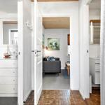 Flur mit Schlafzimmer, Wohnzimmer und Bad. Holzdecke, grauer Sessel, weißer Schrank.