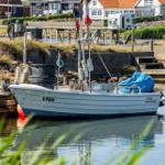 Ein weißes Boot mit dem Namen Viking Thorsminde liegt an einem Steg im Wasser.