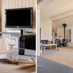 Wohnbereich mit Kamin, Essbereich und TV. Flur mit Weinflasche und Glas.