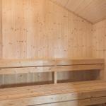 Holzsauna mit zwei Sitzbänken und vertikalen Wandpaneelen.