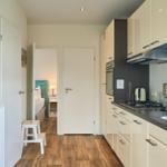 Küche mit Arbeitsfläche, Herd und Kaffeemaschine. Durchgang zu Schlafzimmer mit Bett.