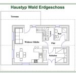 Erdgeschoss mit Wohnküche, Schlafzimmer, Bad und Terrasse.