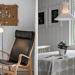 Schwarzer Ledersessel mit Holzrahmen und Wandregal mit Sammlerobjekten.