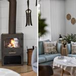 Kamin mit brennendem Feuer und gemütliche Sitzgelegenheiten im Wohnzimmer