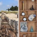 Strandpromenade mit Holzpfosten und Holzregal mit Schnecken, Uhren und Keramik.