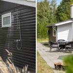 Außen-Dusche an Hauswand und Terrasse mit Sitzgruppe.