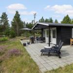 Schwarzes Ferienhaus mit Terrasse, Garten und Grillplatz. Umgeben von Bäumen und Heide.