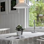 Esstisch mit Tischdecke, Tasse und Pflanze unter einer Lampe.