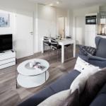 Wohn- und Essbereich mit Sofa, Esstisch und Küchenzeile.