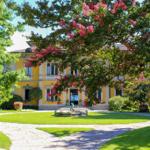 A yellow villa with garden, fountain, and flowering trees.