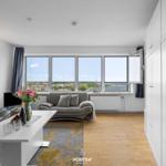 Wohnzimmer mit Blick auf Fluss und Stadt. Sofa, Couchtisch und Kleiderschrank.