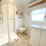 Badezimmer mit Dusche, Toilette und Waschbecken.