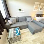 Ein Wohnbereich mit grauem Sofa, Tisch mit Ankern und Bett im Hintergrund.