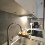 Küche mit Edelstahlspüle, Induktionskochfeld und Küchenarmatur.