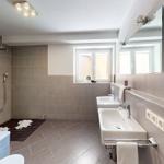 Badezimmer mit Dusche, zwei Waschbecken und Fenster