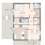 Wohnung mit Sauna, Küche, Terrasse und Bad. Flur und Wohnzimmer sichtbar.