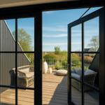 Durch schwarze Glastüren öffnet sich der Blick auf eine Terrasse mit Sitzgelegenheiten und Landschaft.