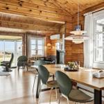 Essbereich mit Holztisch und Stühlen. Holzwände und -decke. Fenster mit Blick auf Landschaft.