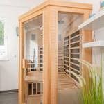 Eine Holzsauna mit Glasfront und Sitzbänken. Neben einem Fenster und einer Waschmaschine.