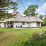 Haus mit Strohdach, Terrasse und Garten. Holzfenster und weiße Wände.