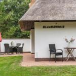 Außenbereich mit Tisch, Stühlen und Sonnenschirm vor einem Haus mit Strohdach.