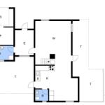 Stueplan zeigt Wohn- und Schlafzimmer, Küche, Bad und Toiletten.