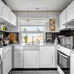 Küche mit weißen Schränken, Edelstahlgeräten und Fenster mit Blick.